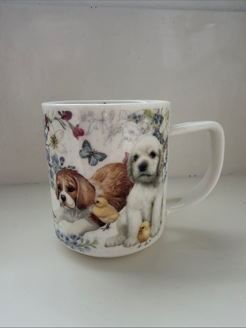 White Ceramic Mug with Puppy, Chick & Butterfly Illustration